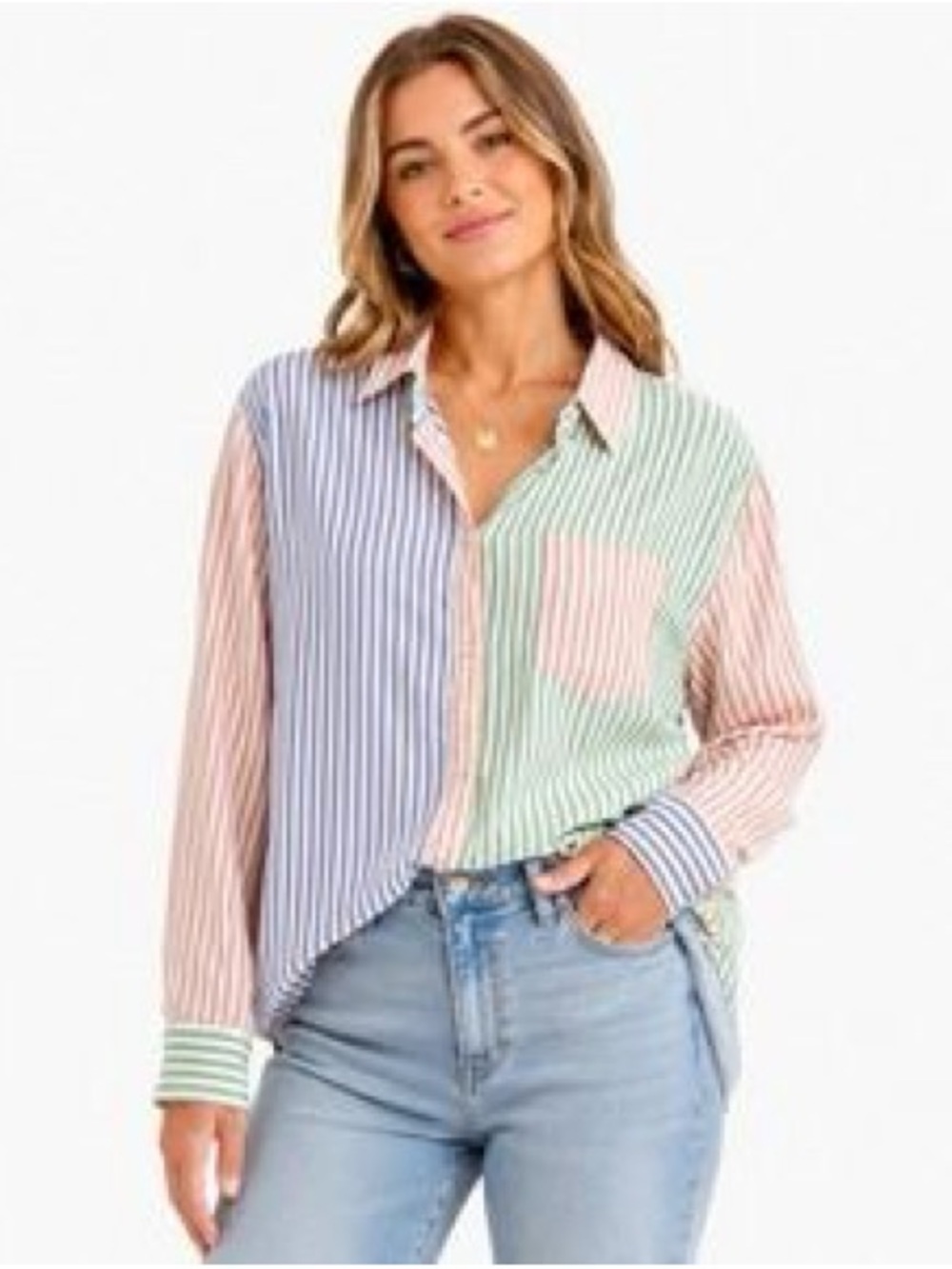 aerie Pastel Stripe Colorblock Button-Down Shirt